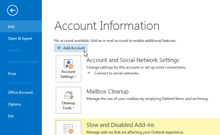 Outlook 2013 Add Account