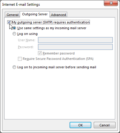Outlook 2013 SMTP Authentication