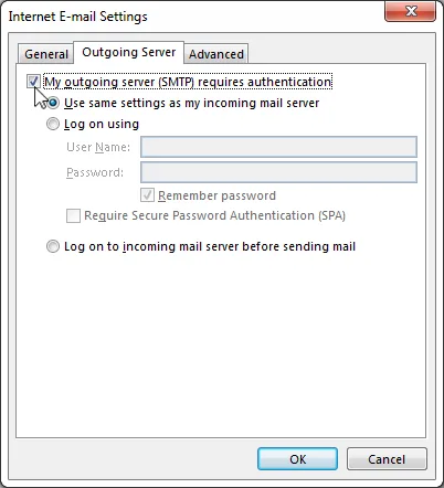 Outlook 2013 SMTP Authentication
