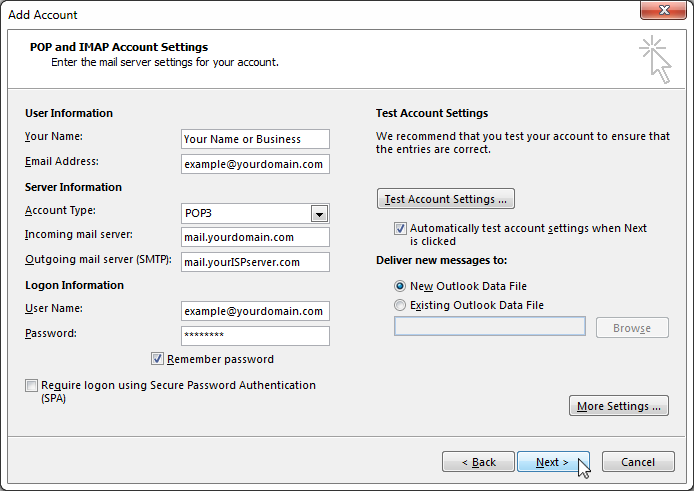 Outlook 2013 Account Settings Confirm