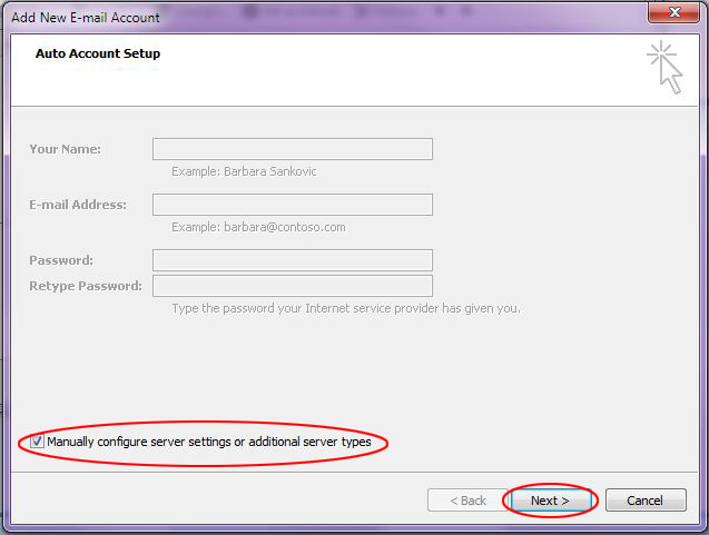 Outlook 2007 Step 3 Manually configure server settings