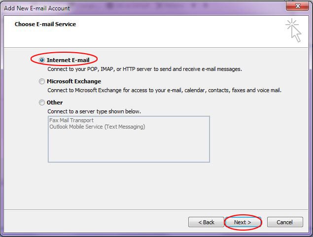 Outlook 2007 Step 4 Choose internet email service