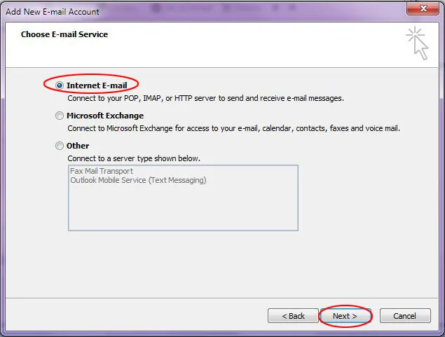 Outlook 2007 Step 4 Choose internet email service