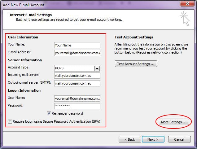 Outlook 2007 Step 5 Internet email settings