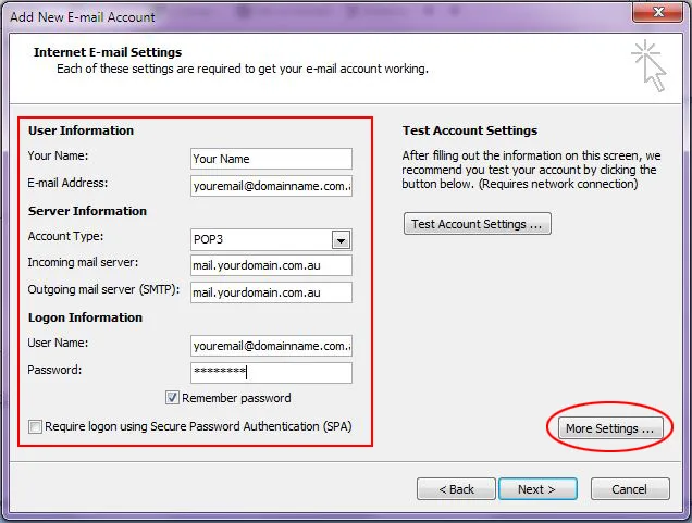 Outlook 2007 Step 5 Internet email settings