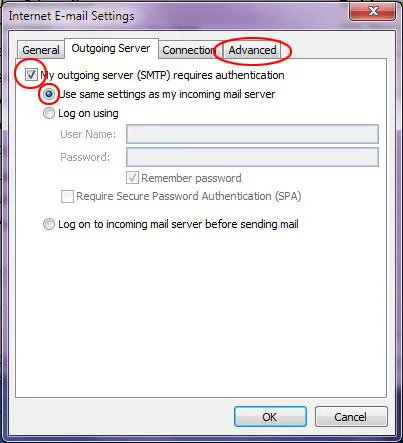 Outlook 2007 Step 6 Outgoing server SMTP authentication