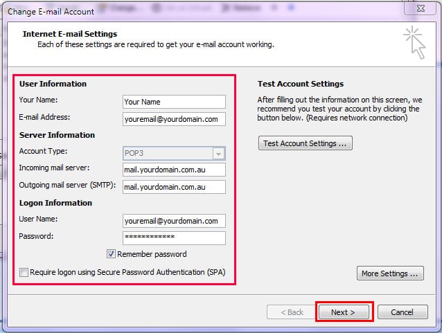 internet email advanced settings