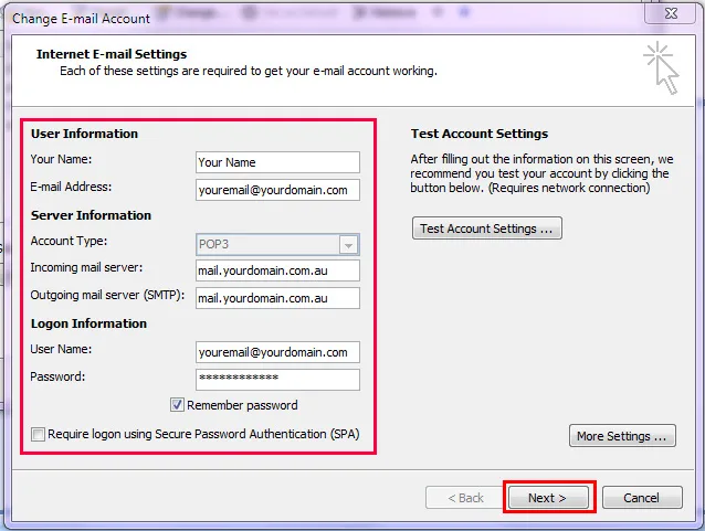 internet email advanced settings