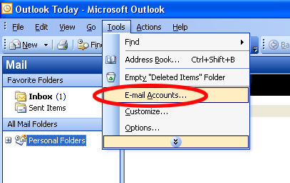 Outlook 2003 - Tools - Email Accounts